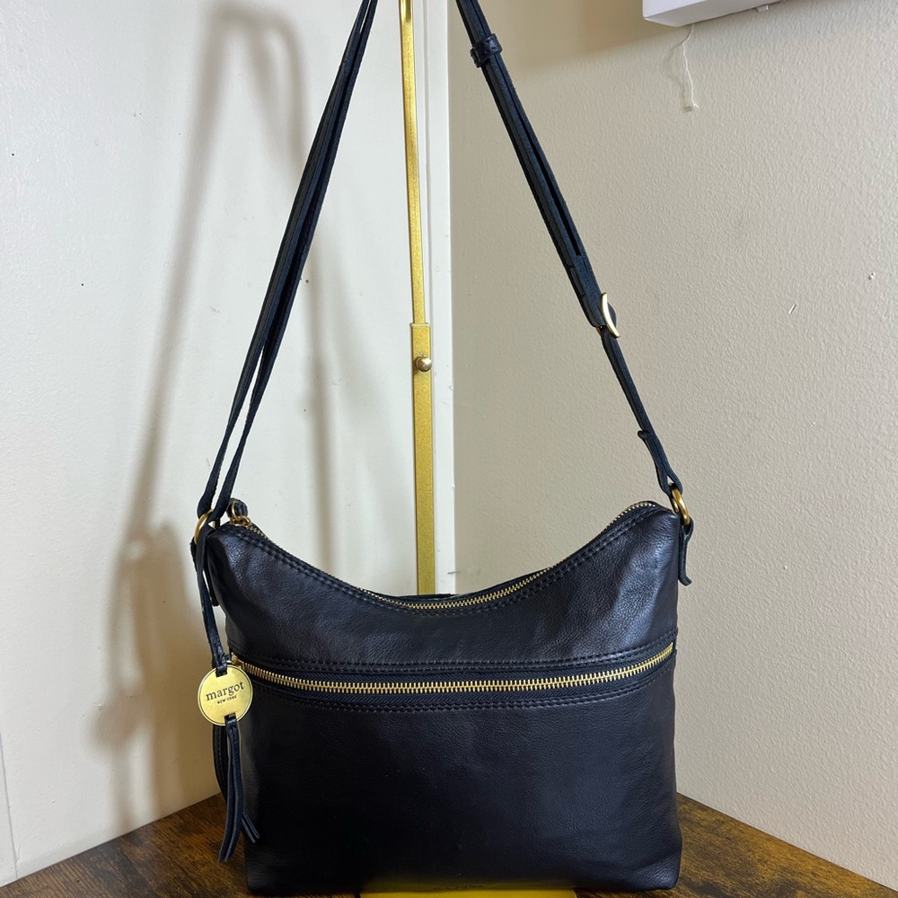 Margot Black Leather Shoulder Bag with Gold Accents